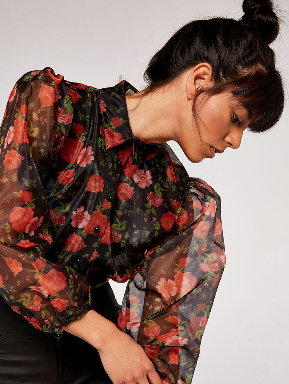 Roses Organza Puff Sleeve Shirt, Black, large