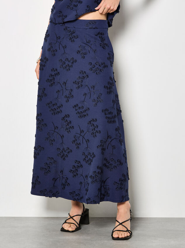 Embroidered Floral Linen Blend Midaxi Skirt, Navy, large