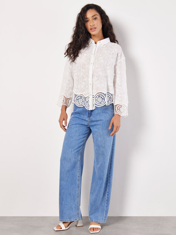 Textured Cotton Floral Crochet Blouse, White, large
