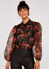 Roses Organza Puff Sleeve Shirt, Black, large