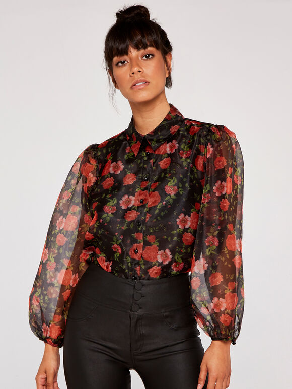 Roses Organza Puff Sleeve Shirt, Black, large