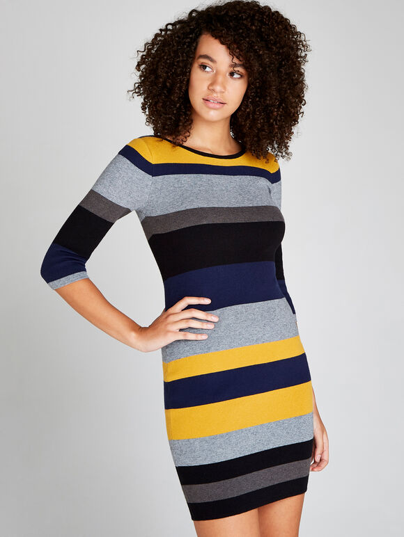 Colour Block Striped Bodycon Dress, Mustard, large