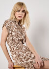 Leaf Print Shirt Midi Dress, Brown, large
