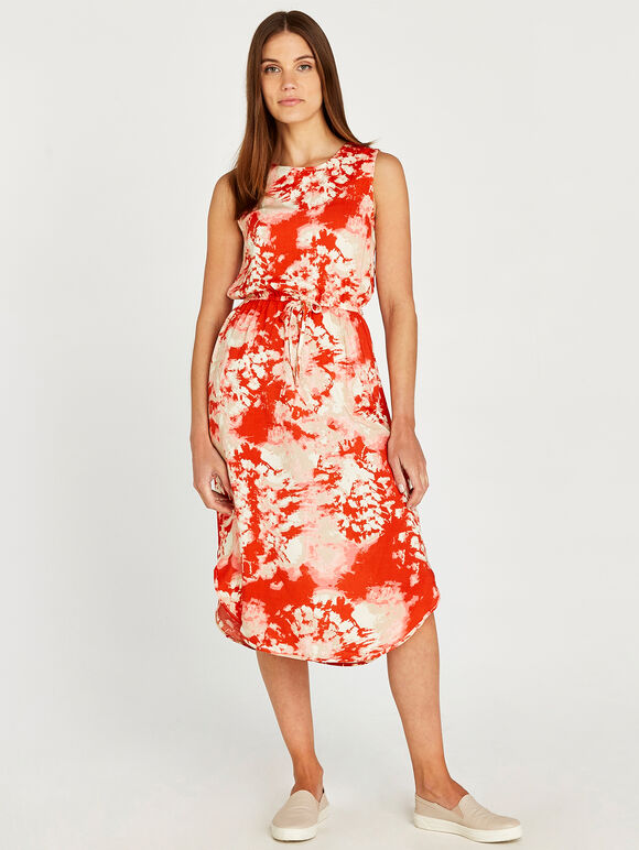 Tie Dye Curved Hem Dress, Orange, large