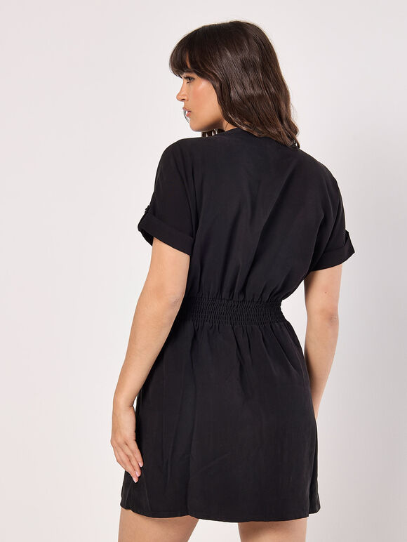 Zip-Down Utility Mini Dress, Black, large