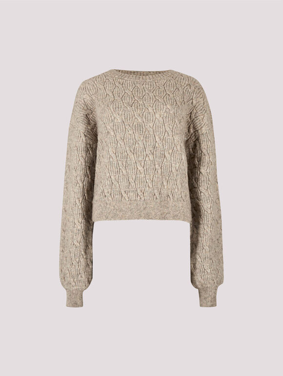 Flecked Braid Cable Knit Jumper, Stone, large