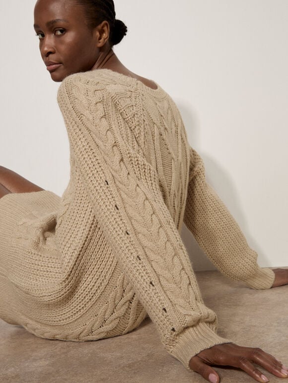 Cable Knit Jumper Mini Dress, Stone, large
