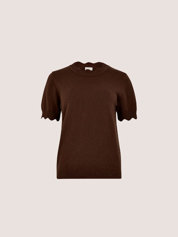 Scallop Knitted T-Shirt, Brown, large