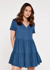 Cotton Neck Tiered Dress, Blue, large