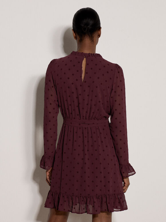 Flocked Star Crepe Mini Dress, Plum, large