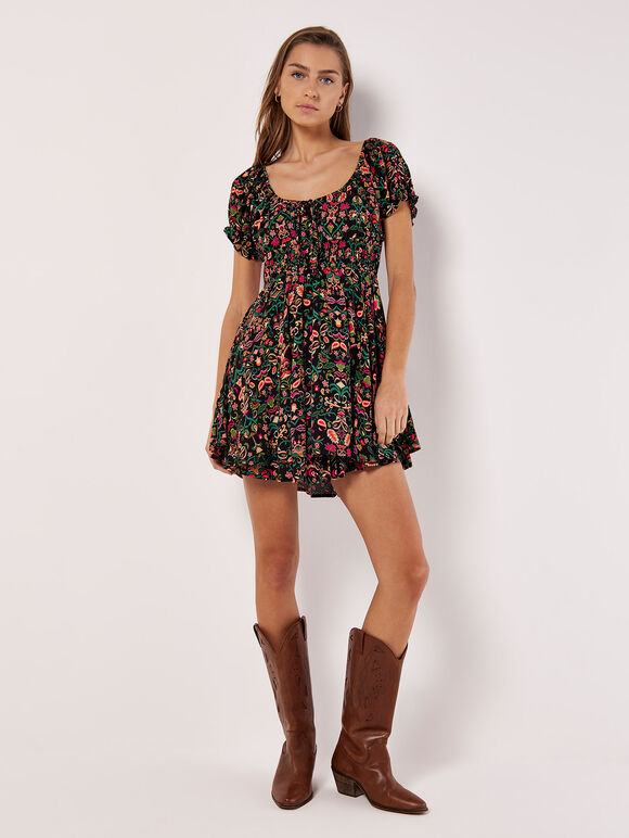 Floral Paisley Layered Mini Dress, Black, large