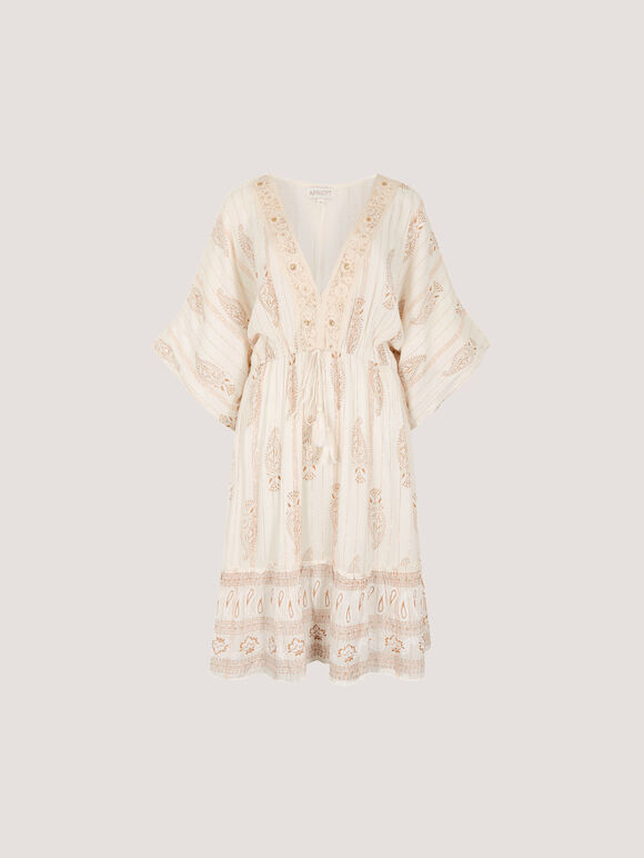 Gold Foil Paisley Midi Dress, Cream, large