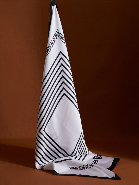 Printed Satin Scarf, White, large