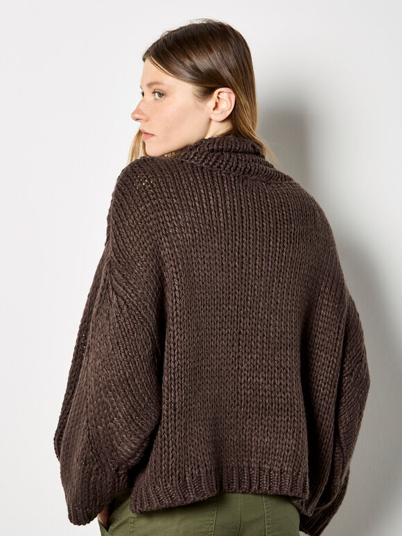Chunky Knit Roll Neck Oversized Jumper, Brown, large