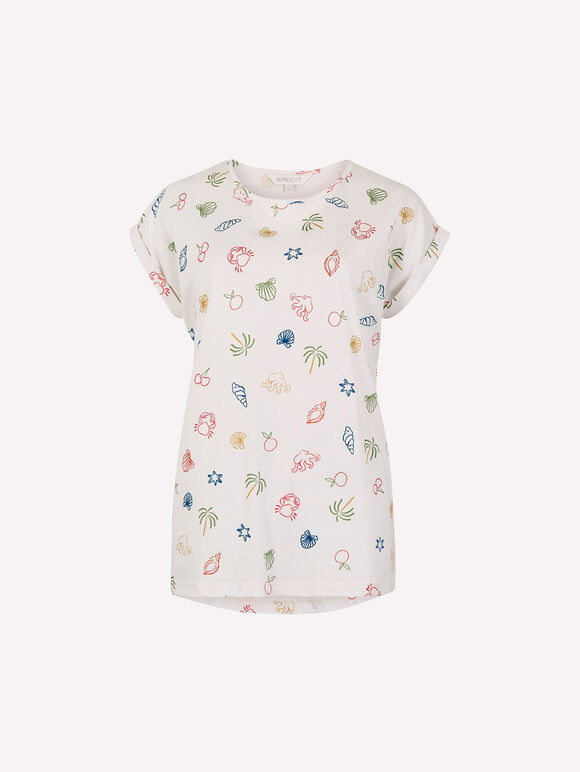 Colourful Tropical Print Jersey T-Shirt, Cream, large