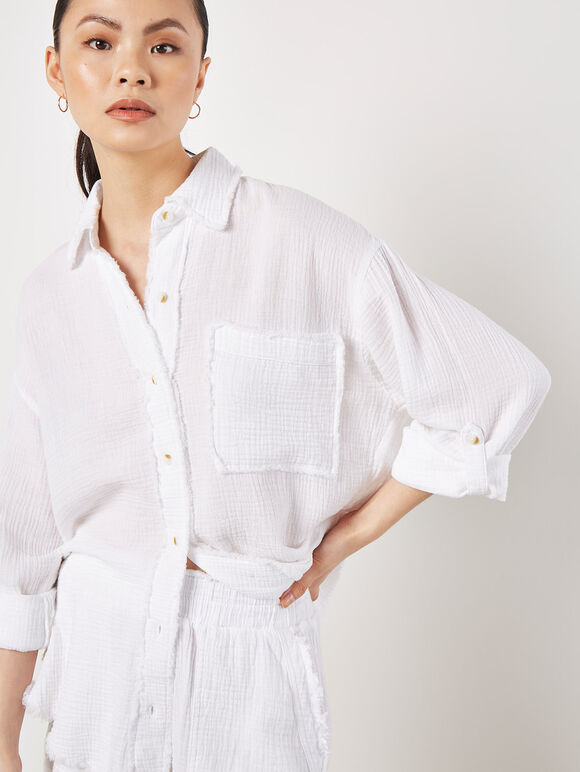 Textured Cotton Oversized Shirt, White, large