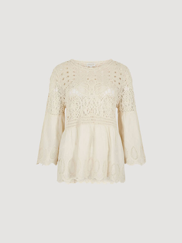 Crochet Lace Cotton Top, Stone, large