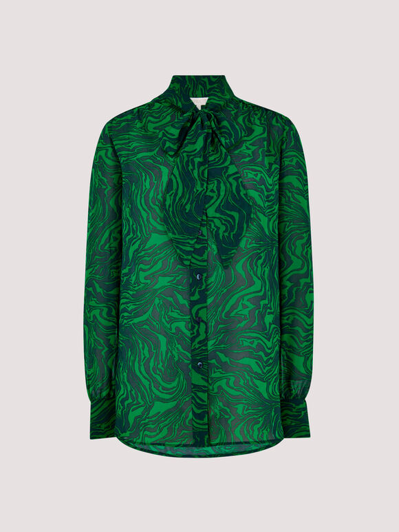 Painterly Marble Tie Neck Blouse, Green, large