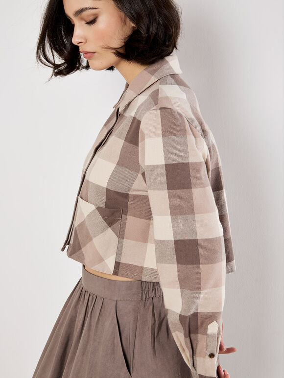 Check Print Cropped Shirt, Grey, large