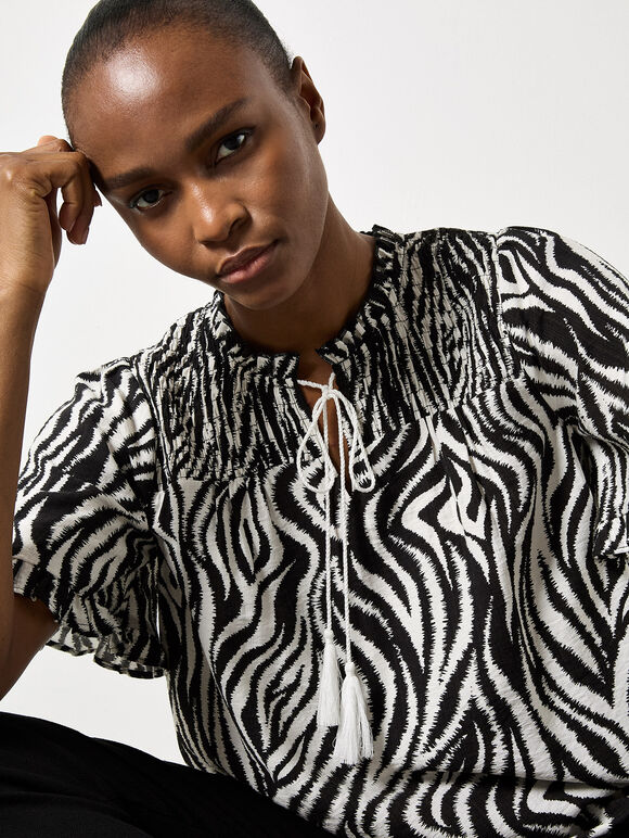 Zebra Swirl Tassel Tie Ruffle Top, Black, large