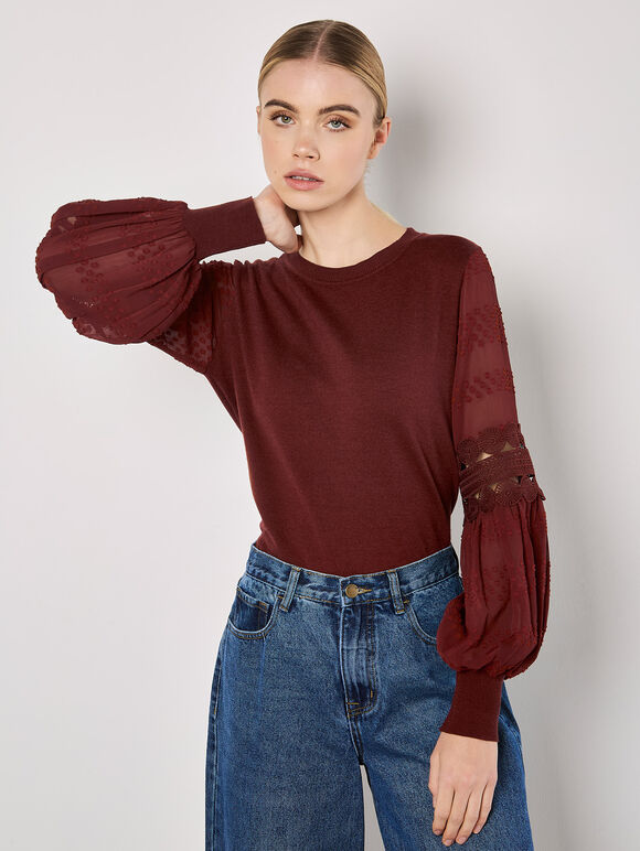 Contrast Chiffon Sleeves Jumper, Burgundy, large
