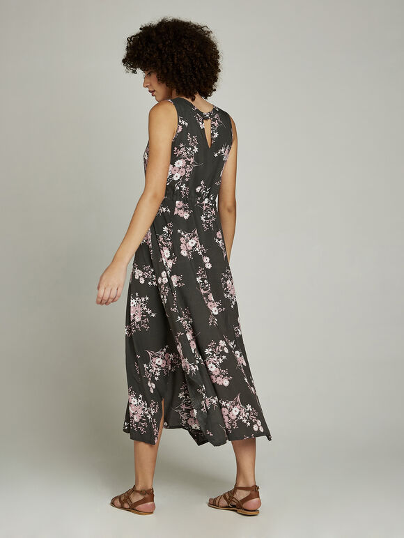 Khaki Floral Print Ruched Waist Maxi, Khaki, large