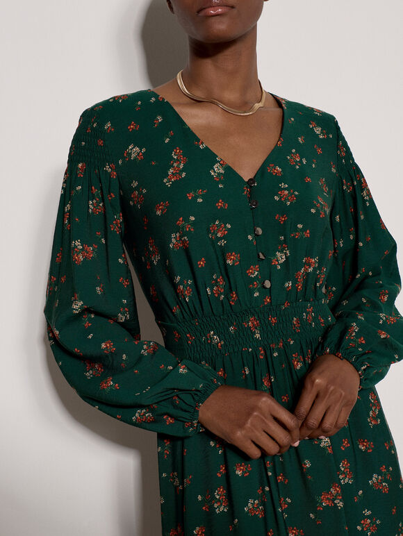 Vintage Floral Smocked Midi Dress, Pine Green, large