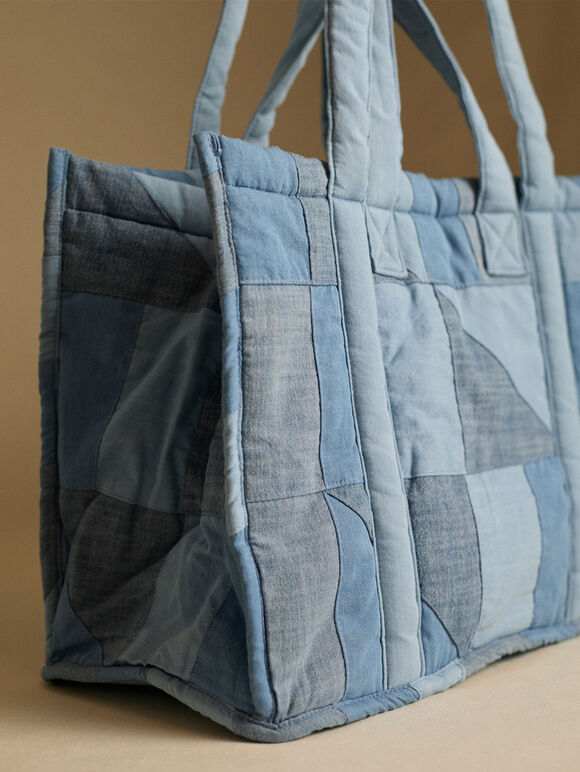 Cotton Denim Patchwork Tote Bag, Blue, large