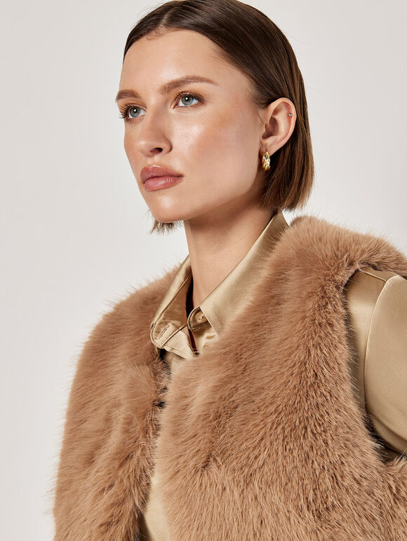 Faux Fur Cropped Gilet, Brown, large