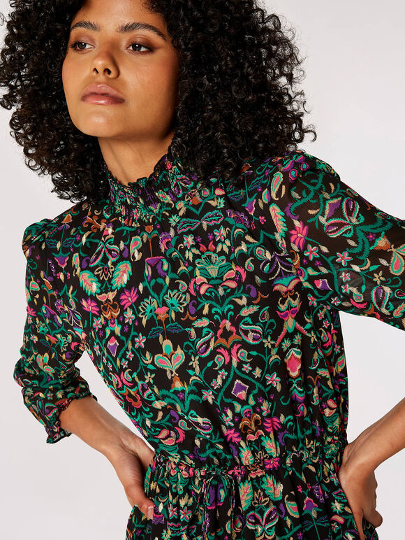 Gold Foil Ornate Floral Mini Dress, Black, large