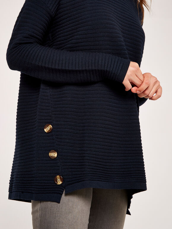 Asymmetric Zip Side Rib Knit Jumper, Navy, large