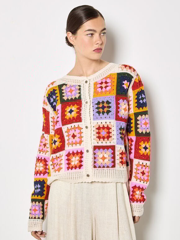 Colourful Crochet Squares Cardigan, Stone, large