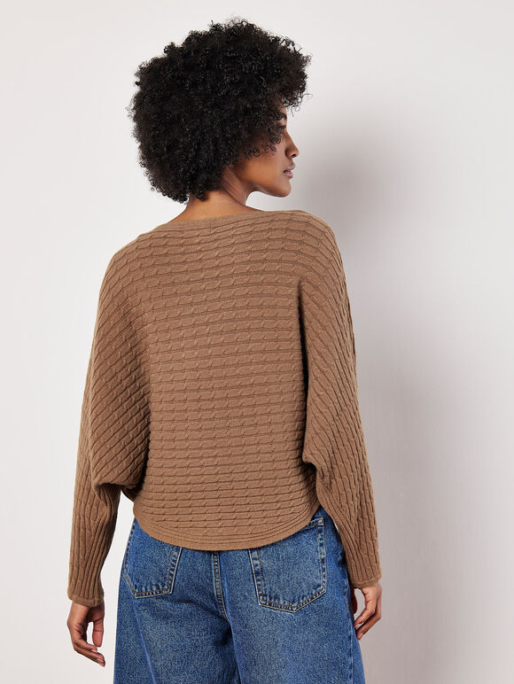 Cable Stripe Batwing Jumper, Brown, large