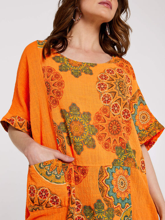 Mandala Panel Oversized Top, Orange, large