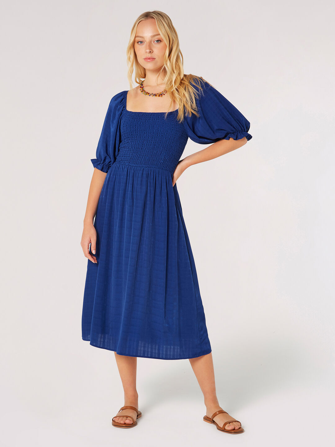 Image of Self-Check Smocked Milkmaid Midi Dress