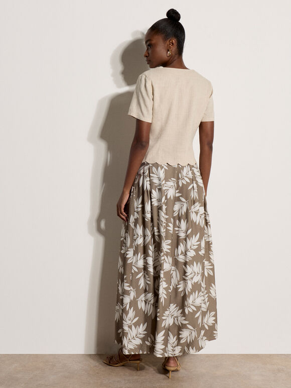 Leaf Print Pleated Culotte Trousers, Stone, large