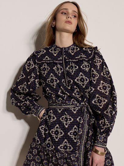 Tile Print Cotton Shift Mini Dress