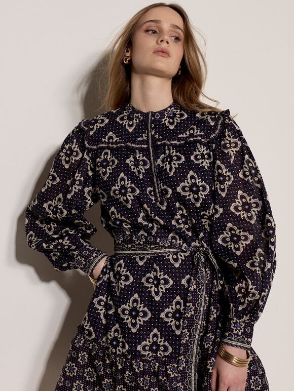 Tile Print Shift Mini Dress, Navy, large
