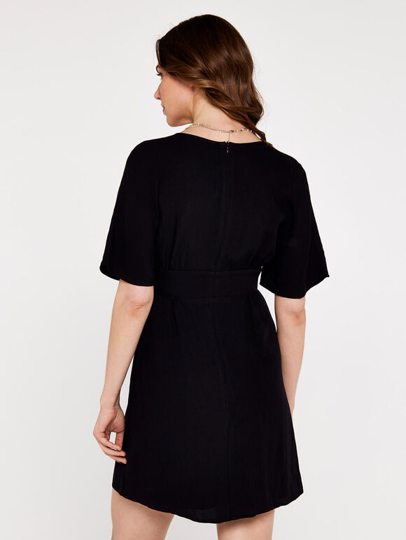 V-Neck Button Front Dress, Black, large