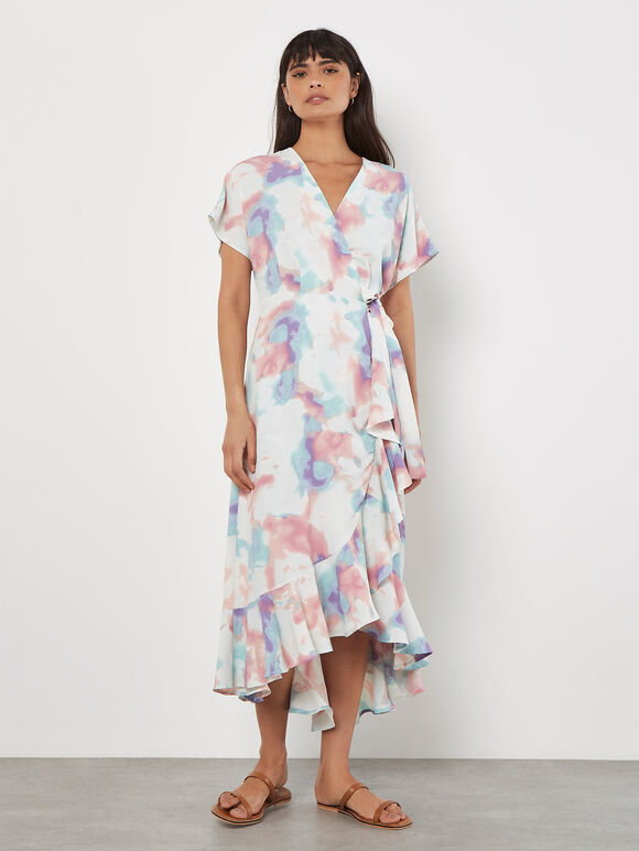Watercolour Ruffle Wrap Midi Dress, Mint, large