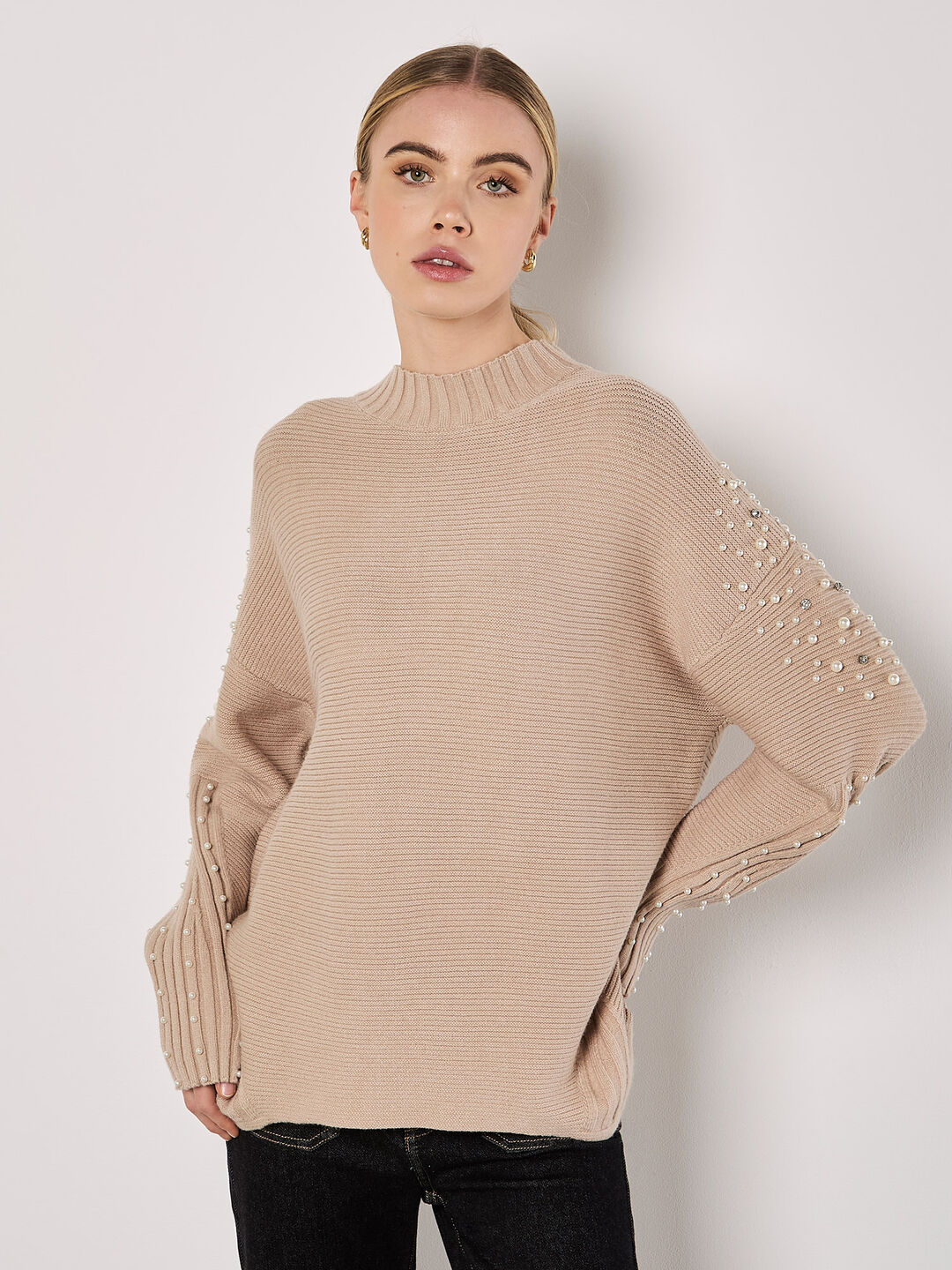 Apricot Women's Pearl Gemstone Embellished Jumper in Brown | Size: 14