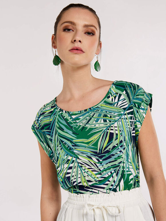 Tropical Palm Print Woven T-Shirt, Navy, large