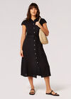 Linen Blend Belted Shirt Midi Dress, Black, large