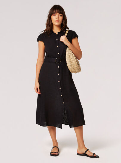 Linen Blend Belted Shirt Midi Dress