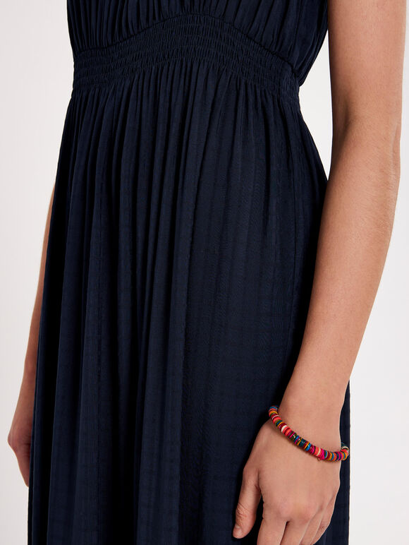 Check Smocked Midi Dress, Navy, large