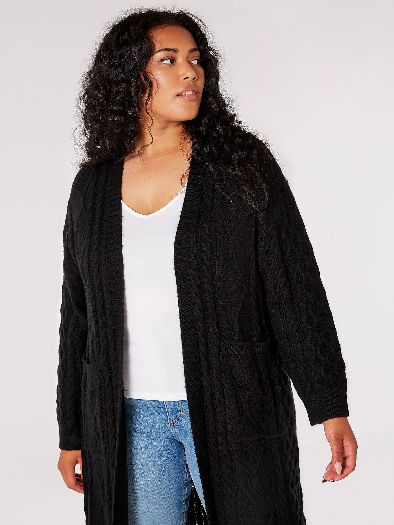 Long black cable knit cardigan 2025