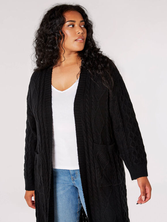 Curve Longline Cable Knit Cardigan , Black, large