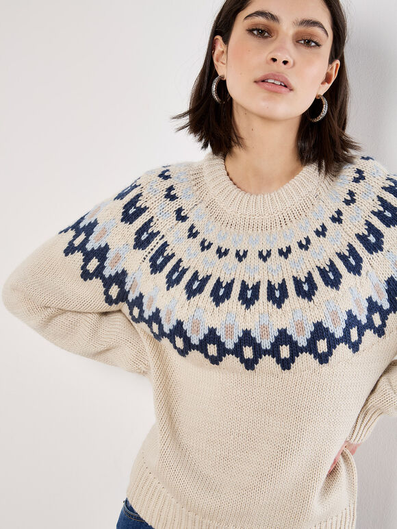 Fair Isle Chunky Knit Jumper, Stone, large
