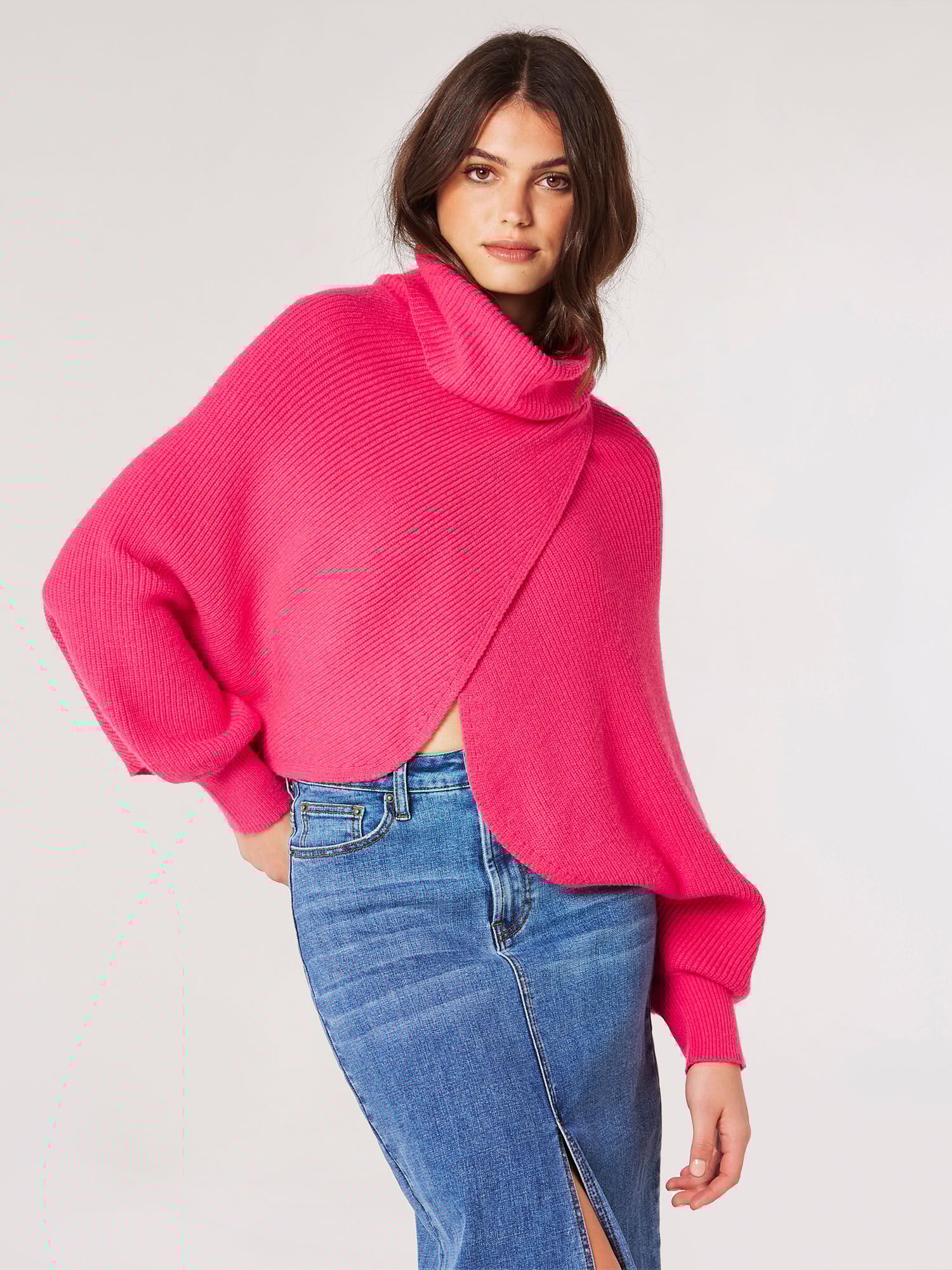 Cowl Neck Ribbed Wrap Jumper Apricot Clothing