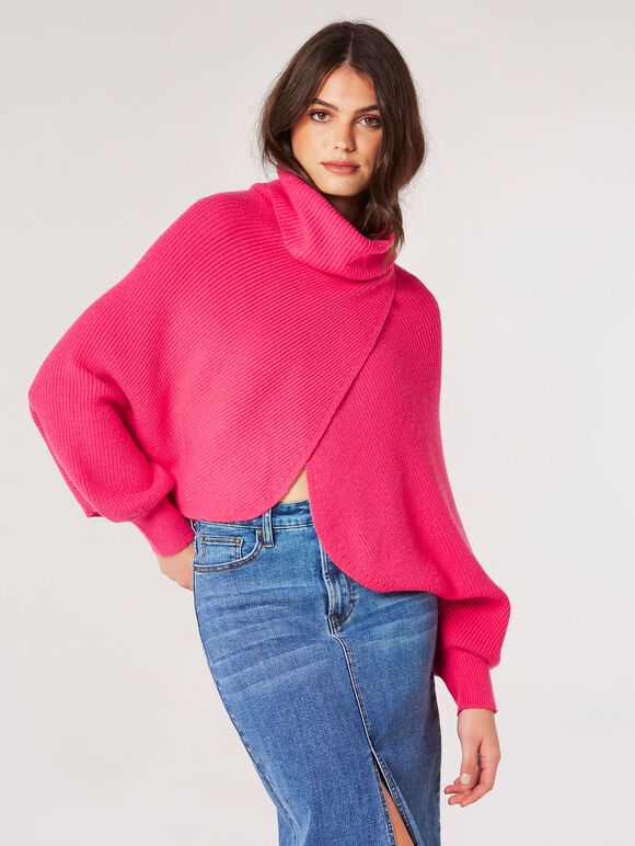 Cowl Neck Ribbed Wrap Jumper, Fuchsia, large